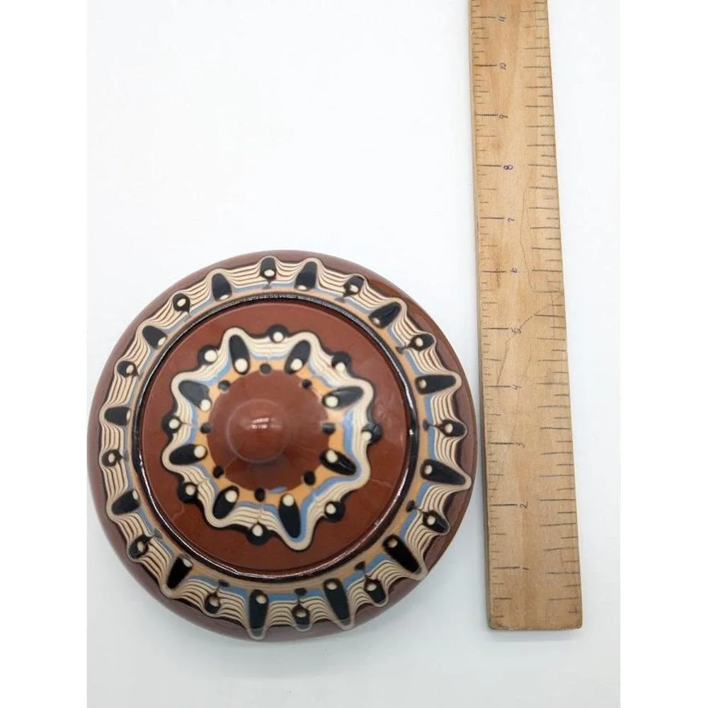 Vintage Bulgarian Troyan Pottery Lid Candy Dish 90s Redware‎ Folk Art Drip Glaze